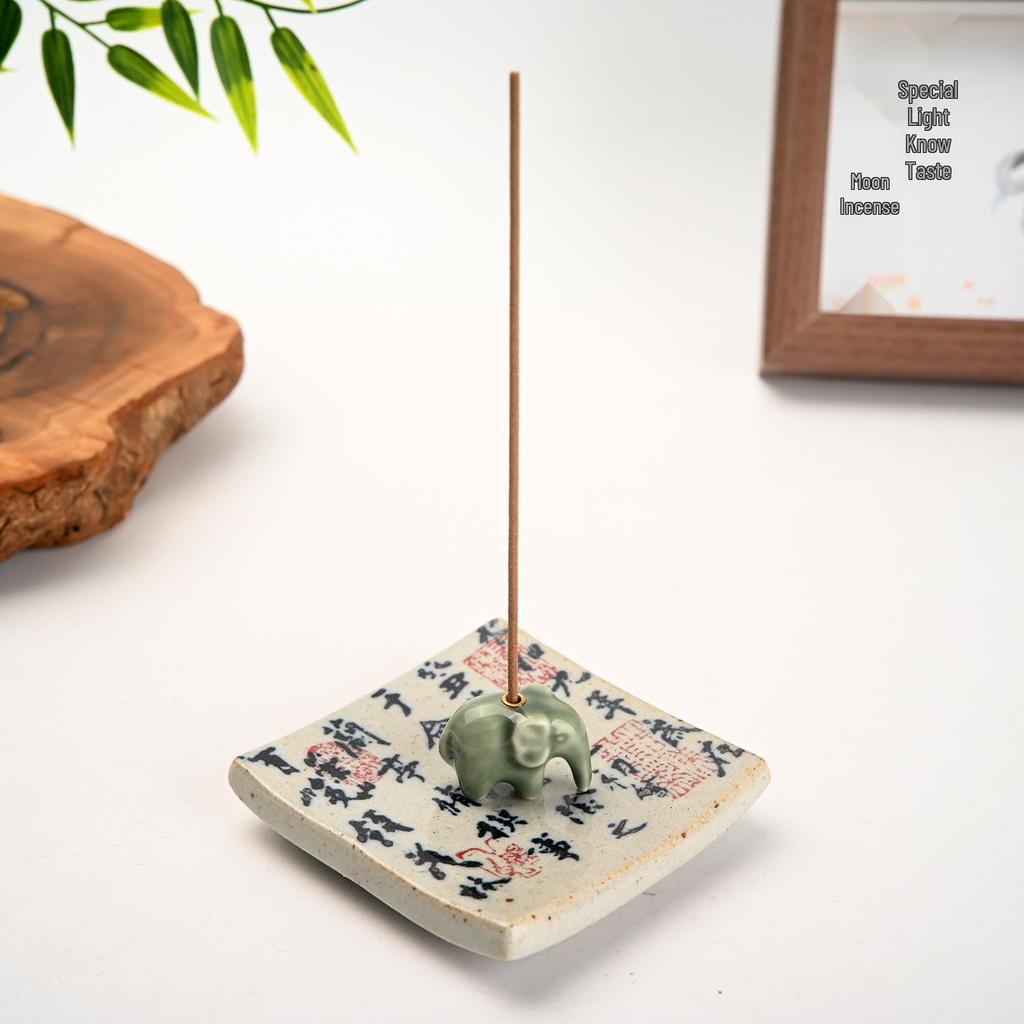 Chinese Ceramic Incense Burner with Calligraphy Design - Elephant Ornament for Sandalwood Tea Table Incense Sticks
