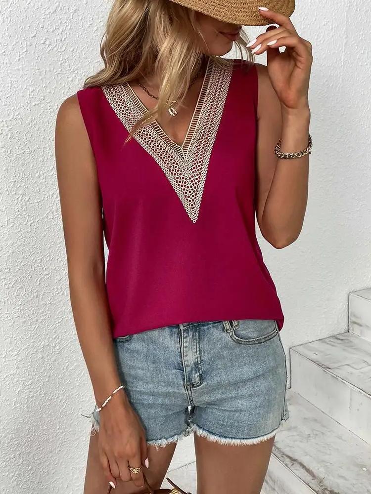 

Fashion V-neck Lace Patchwork Women Tops And Blouses 2026 Summer White Casual Sleeveless Tank Top Femme Blouse Shirt XXL червоний