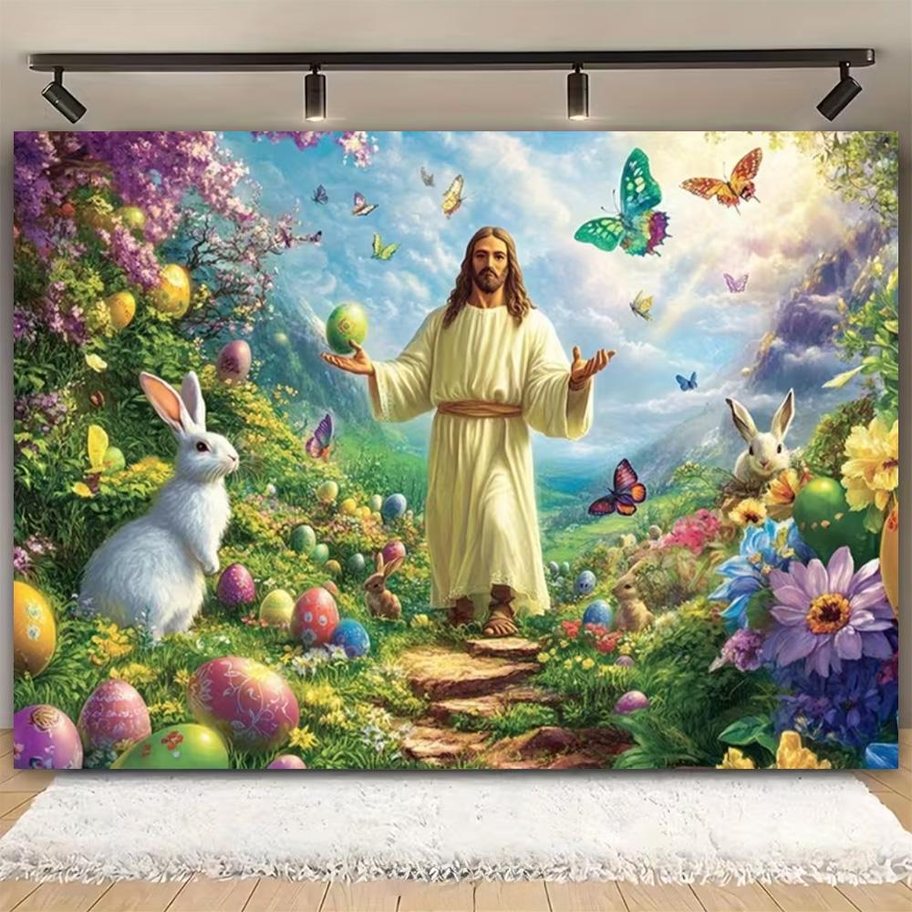 Easter Religion Jesus Theme Party Decoration Photography Background, Easter Egg Rabbit Banner Photography Studio Backdrop Cloth