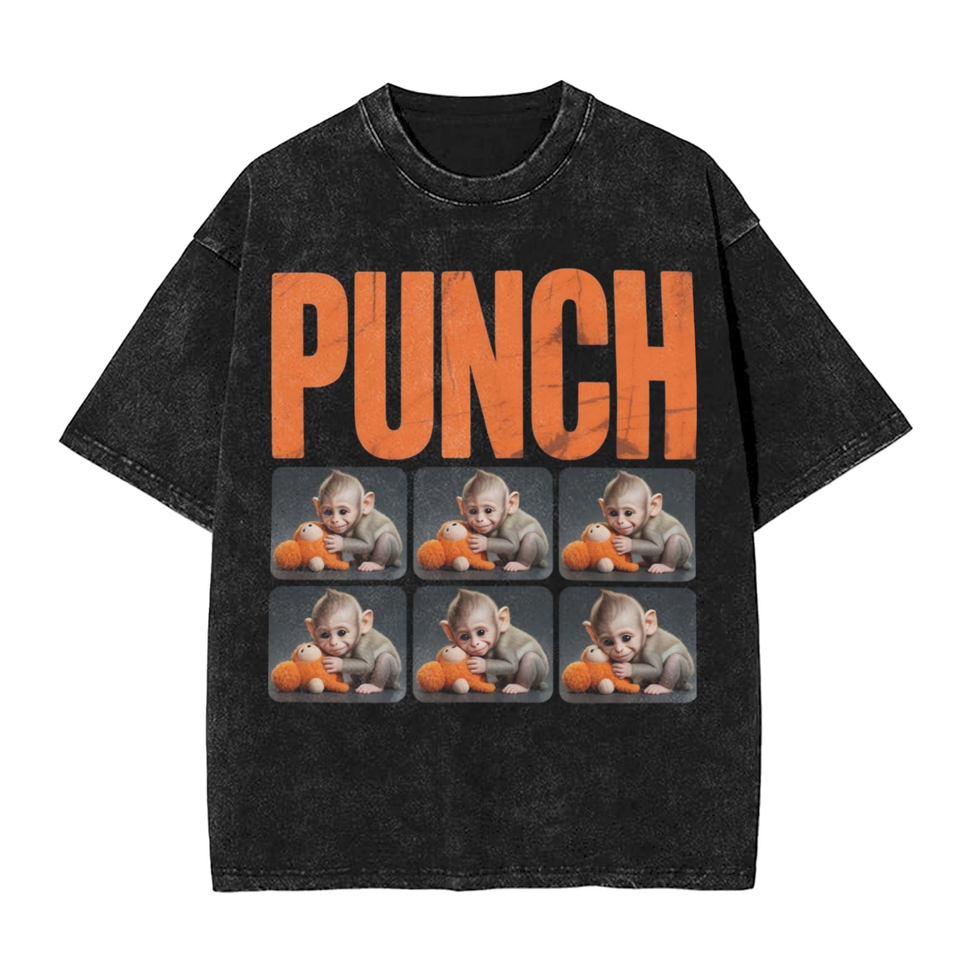 Team Punch Punch the monkey Baby Monkey Holding Outfit Washed T Shirts Unisex Women Streetwear Hip Hop TShirt Printed Tees S