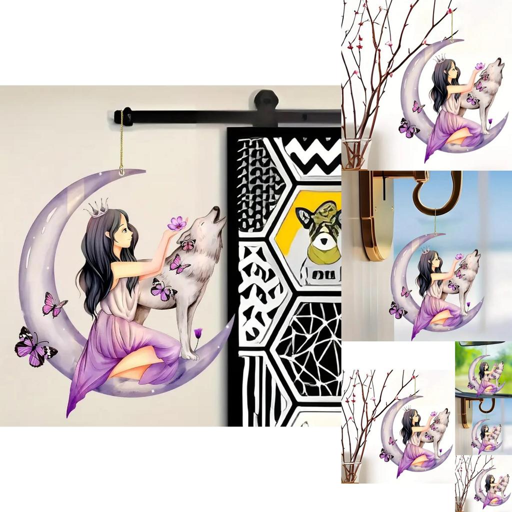Colorful Acrylic Cartoon Floral Moon Girl Wolf Butterfly Car Pendant For Unique Auto Style