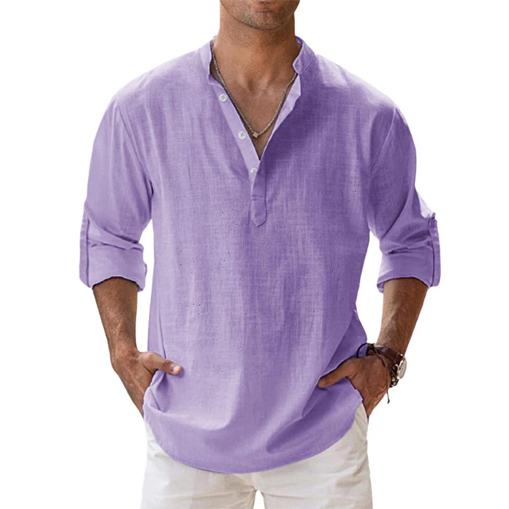 Men'S Fashion Stand Up Collar Solid Color Shirt Casual Long Sleeved Top