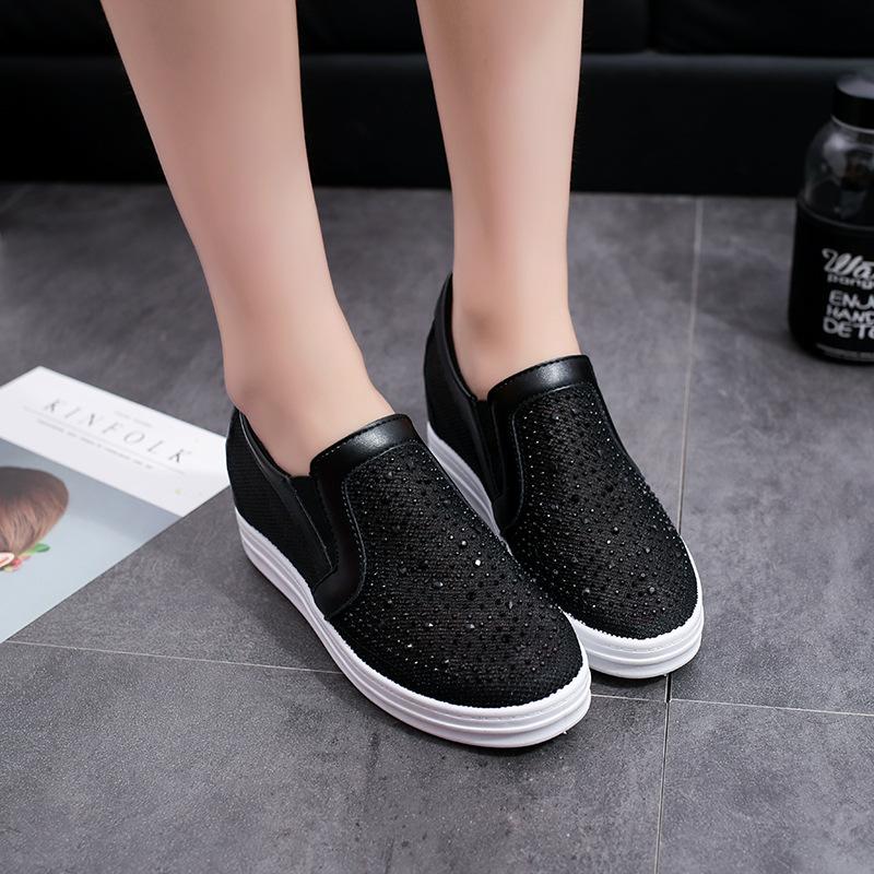 Fashion Comemore White Shoes Spring and Summer Wedge High Heels Women's Vulcanize Shoes Mesh Breathable Round Head Rhinestone Loafers
