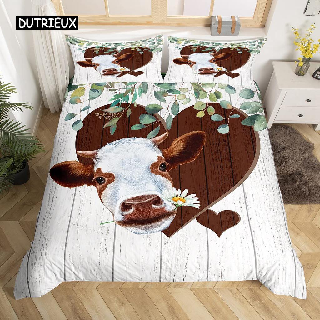 Kuh Bettbezug Set Twin King Size Bauernhoftier Bettwäsche Set Grüner Rankenblätter Druck Bettdeckenbezug Rustikale Holzbrett Steppdecke