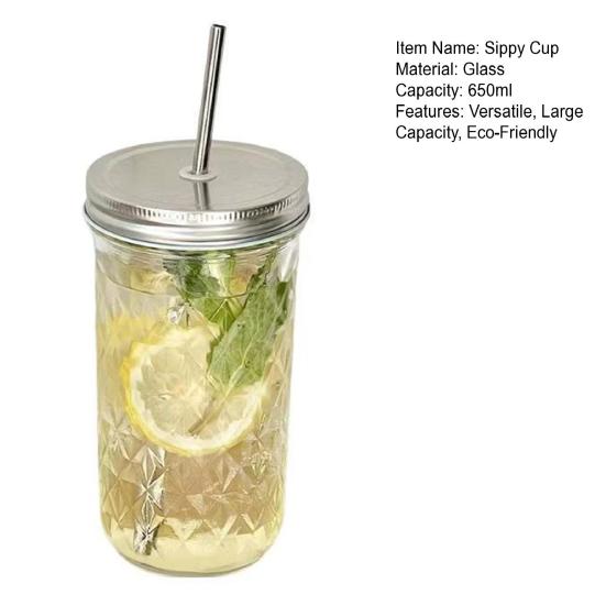 Glass Straw Tumbler with Lid 650ml Large Capacity Mason Jar Cup for Iced Coffee & Bubble Tea Leak-Proof Reusable Cold Drink Cup for Home Office Travel