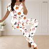 Women Plus Size V Neck Short Sleeve Pajama Set Pumpkin Bat Bow Print White Loungewear