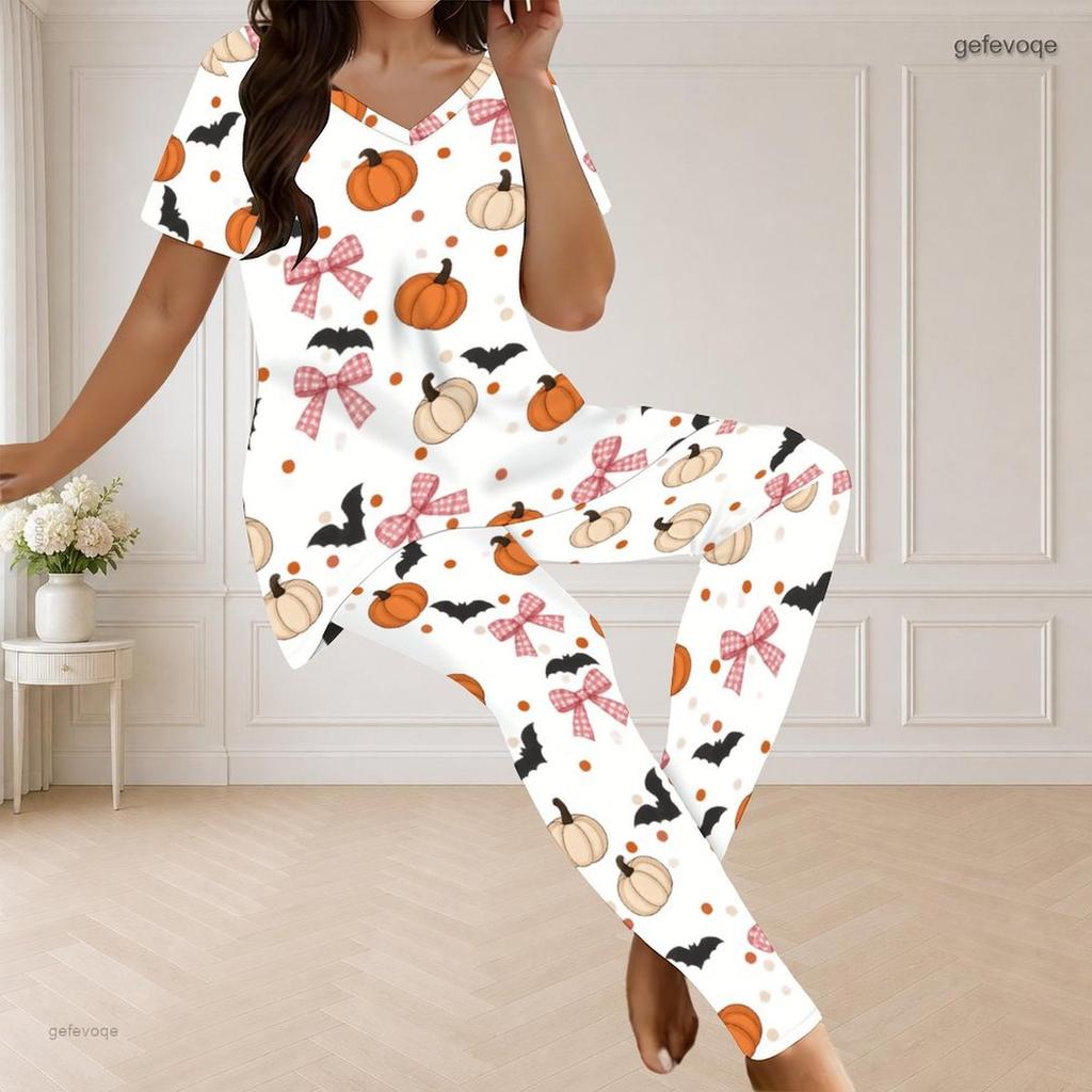 Women Plus Size V Neck Short Sleeve Pajama Set Pumpkin Bat Bow Print White Loungewear