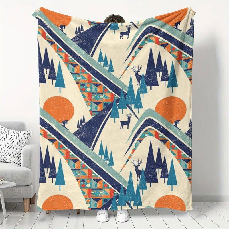 1pc Retro Geometric Style Winter Snow Mountain Reindeer Flannel Blanket, Home Sofa Cover Blanket Office Nap Blanket, Outdoor Camping Warm Throw Blanke