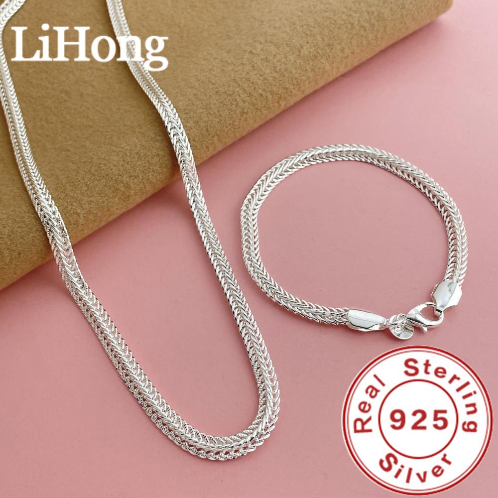925 Silver Necklace Bracelet Set 6MM Fishbone Design Women s & Men s Jewelry Gift