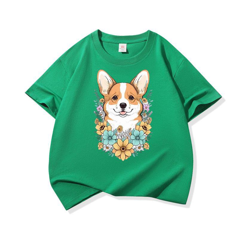 Welsh Corgi Surrounded Colorful Blooms Graphic Tee Kids 100 Cotton Crew Neck T Shirt Cute Puppy Print Short Sleeve Stylish Top