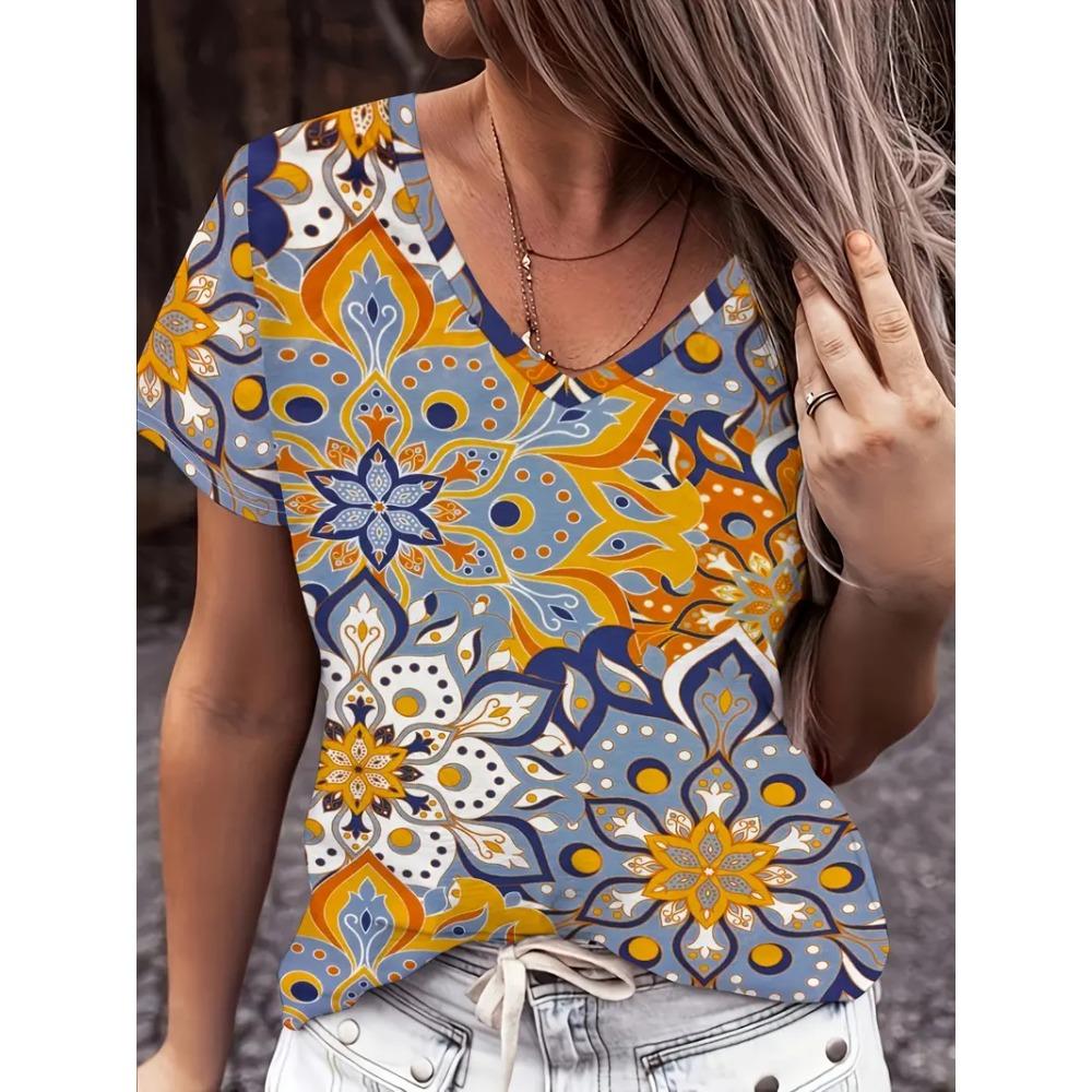 Fashion Women's V-neck T-shirt Summer Outdoor Street Trend Short-sleeved Blouse Floral Print Pattern Loose Clothing