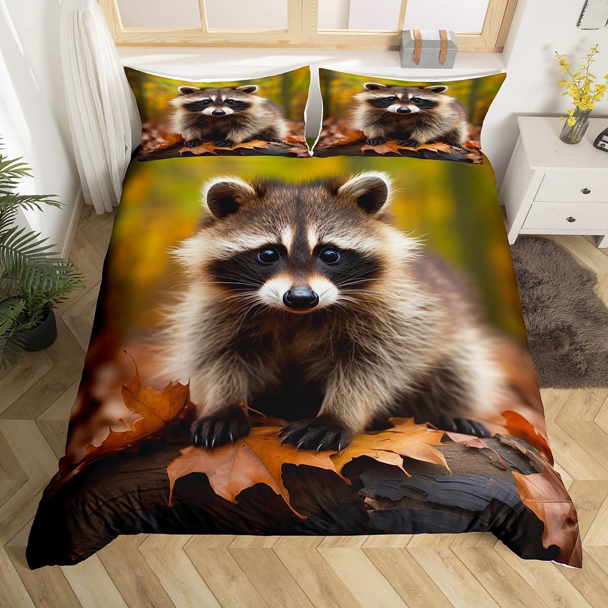 Comforter Cartoon Raccoon Bedding Set Cute Raccoon For Kids Boys Girls Raccoon Lover Gift Wildlife Comforter Twin Queen Comforter (quilt)-EU Single(135*200cm)3pcs