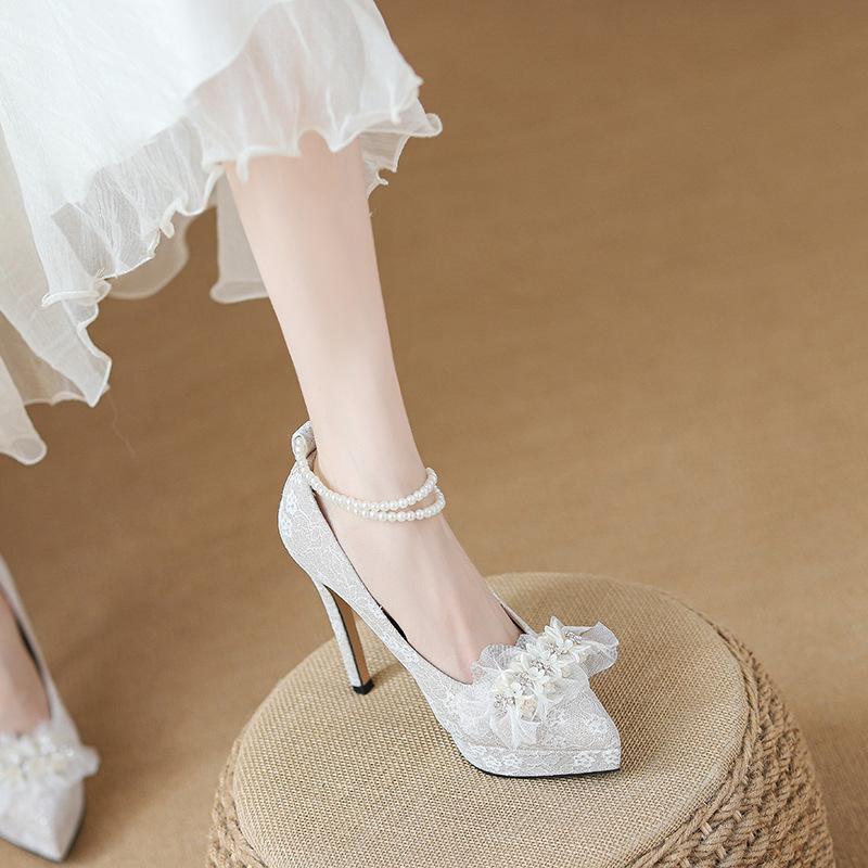 French Pointed Fairy Style High Heels Female 2025 New Lace Flower Gentle Beige Mary Jane Shoes