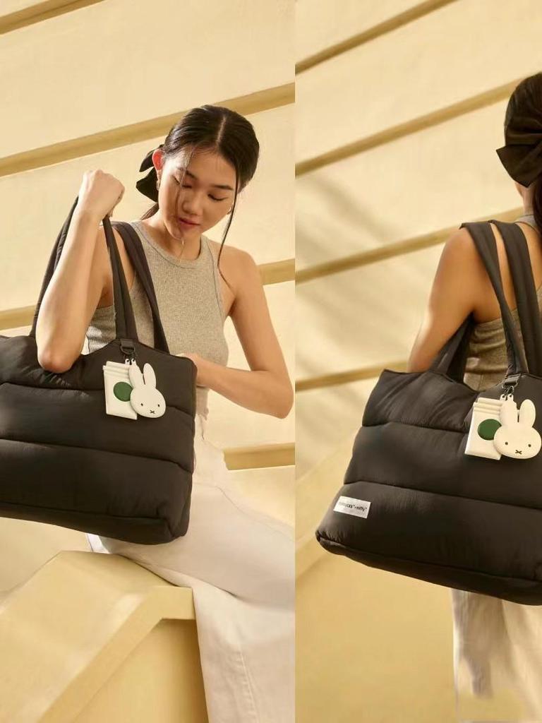 College Style Large Capacity Puffy Tote Bag - Lightweight Cotton-Filled Shoulder & Handheld Women's Laptop Bag