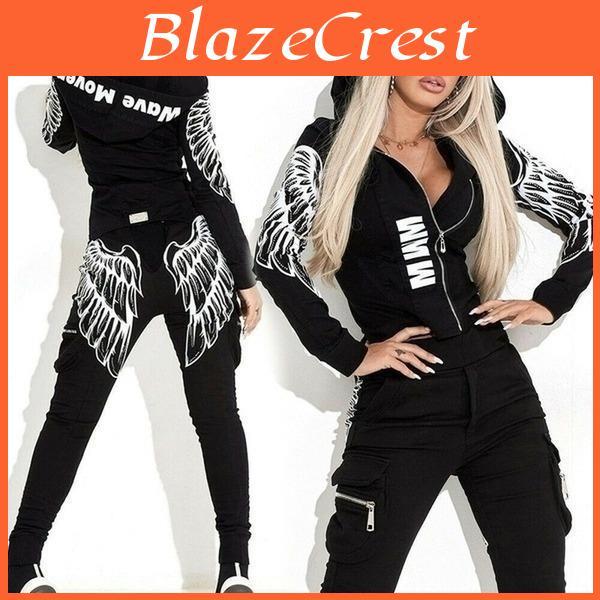 Print Tracksuit Womens Twopiece Wings Jacket And Pencil Pants Suit Sportswear