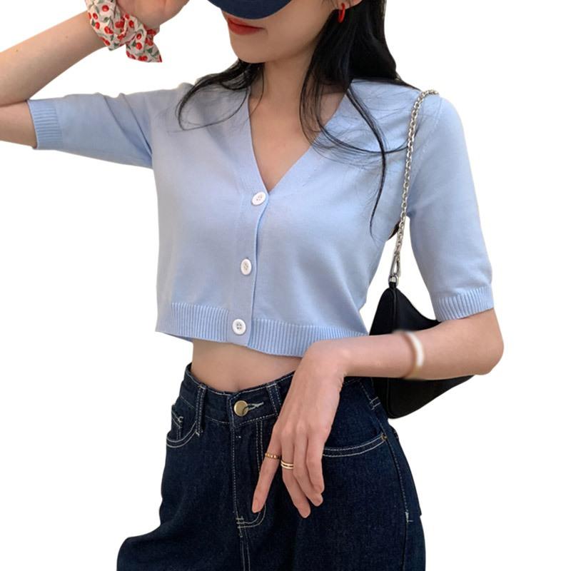 

Женский кардиган с V-образным вырезом, коротким рукавом, рубашка, пуговицы, трикотажные кардиганы, короткие топы One Size