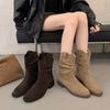Fashion New Style Women's Natural Suede Leather Small Square Toe Slip-on Autumn Pleated Knee High Boots Casual Female Punk Western Boots