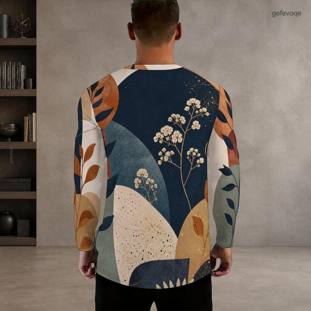 Men Plus Size Round Neck Long Sleeve Printed T Shirt White Blue Khaki Casual Pullover Straight Hem