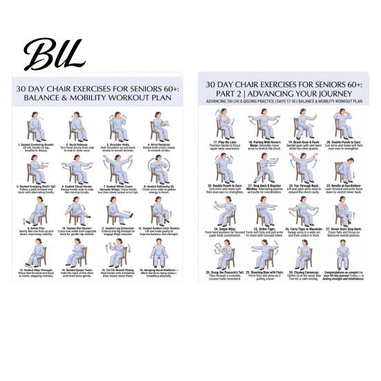 Fall Prevention Workout Seniors 2Pcs Chair Exercise for 30-Day Plan Poster Seated Tai Elderly Rehabilitation Exercises Chi Chart Low Impact Sets