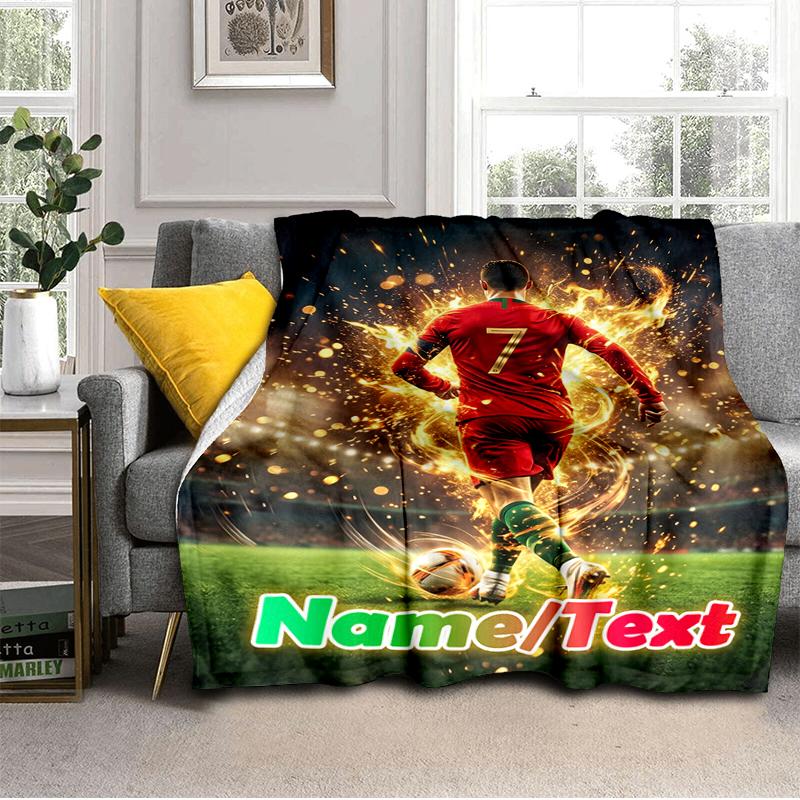 1PC Custom Name Soccer Player Action Outdooor Flannel Blankets Throw Blanket All-Season Throw Gift Bedspread for Couch, Bed, Camping Holiday Birthday 