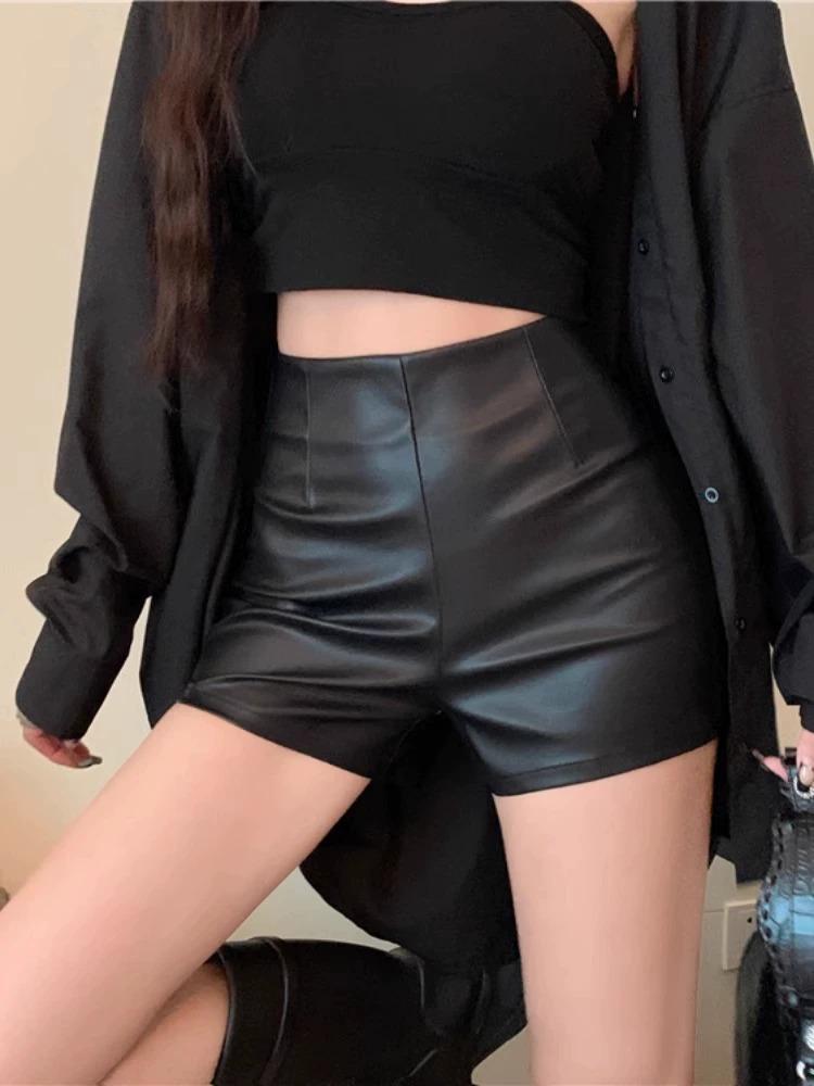 

Women s Fall Winter High Waisted Bodycon Straight Leg PU Leather Shorts Y2K Sexy A-Line Hot Pants Mini Shorts Versatile Slim Fit Hot Pants XS чёрный