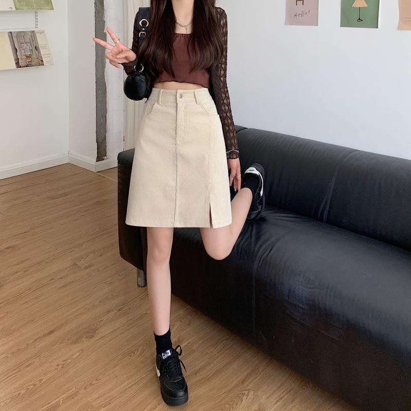 Corduroy Midi Skirt for Women In Autumn and Winter Long and Mid Length Split A-line Skirt, Plus Size, Fat, Hip Hugging, Short Skirt