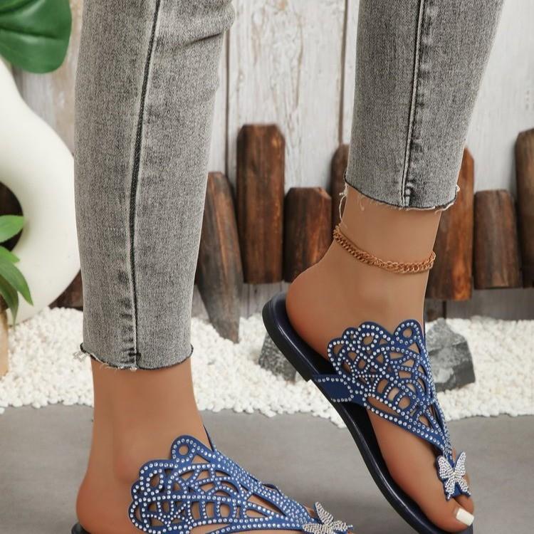 Women s Rhinestone  & Butterfly Decor Slide Sandals Casual Clip Toe Flat Summer Shoes Lightweight Hollow Out Design Slide Sandals 42EU/CN43 синий