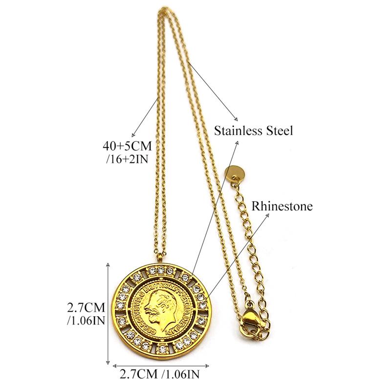 George VI British Coin Carve Head Crystal Double Circle Necklace for Women Men Stainless Steel Collar Gold Color Wedding Jewelry