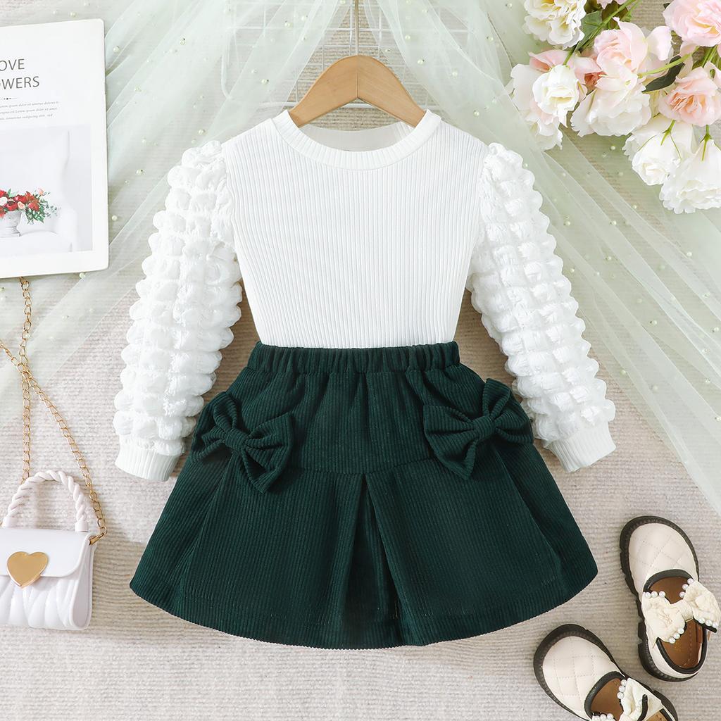 Girls' Bubble Sleeve Top & Bow Skirt 2Pcs Outfit