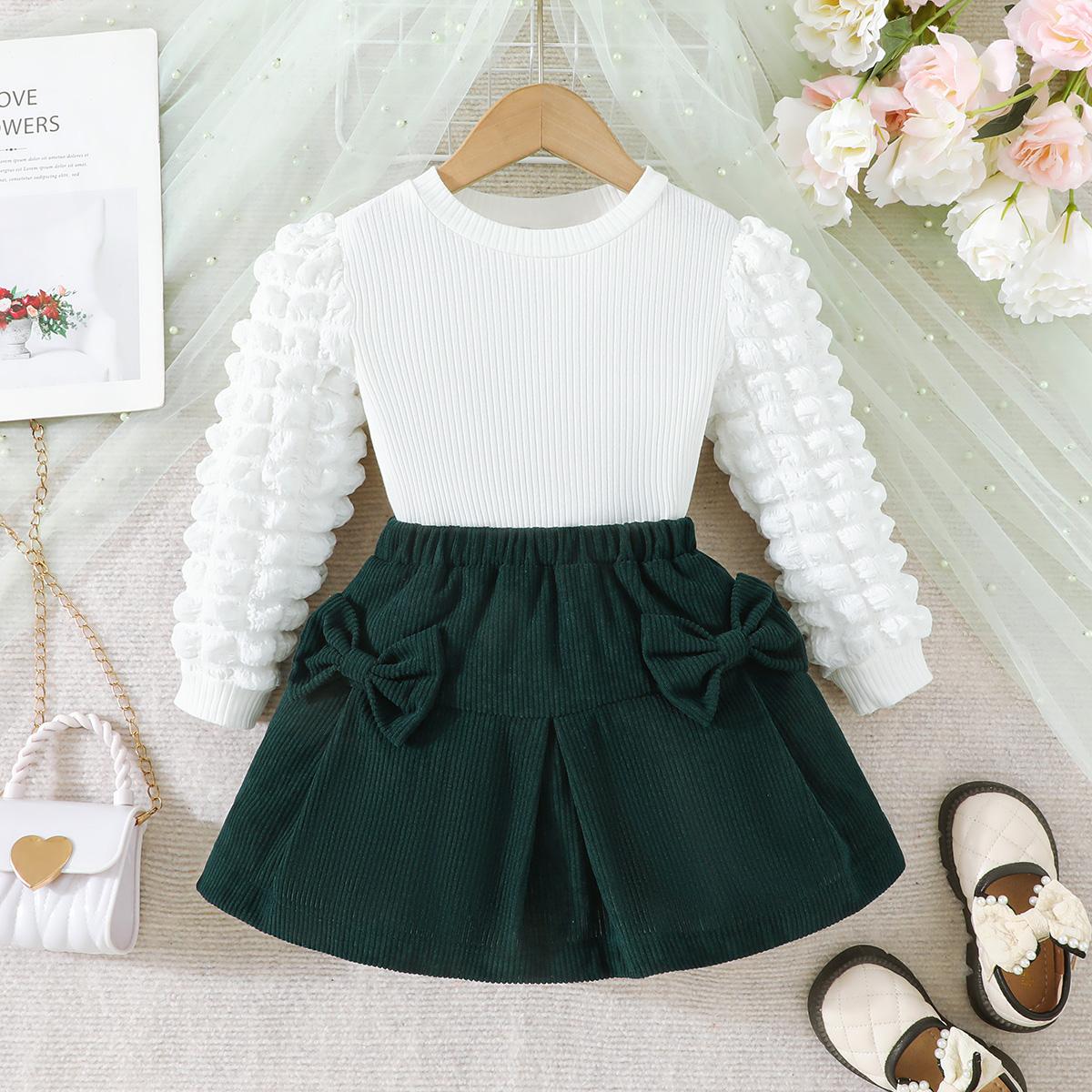 

Girls Bubble Sleeve Top & Bow Skirt 2Pcs Outfit 8Y британський гонщик зелений колір