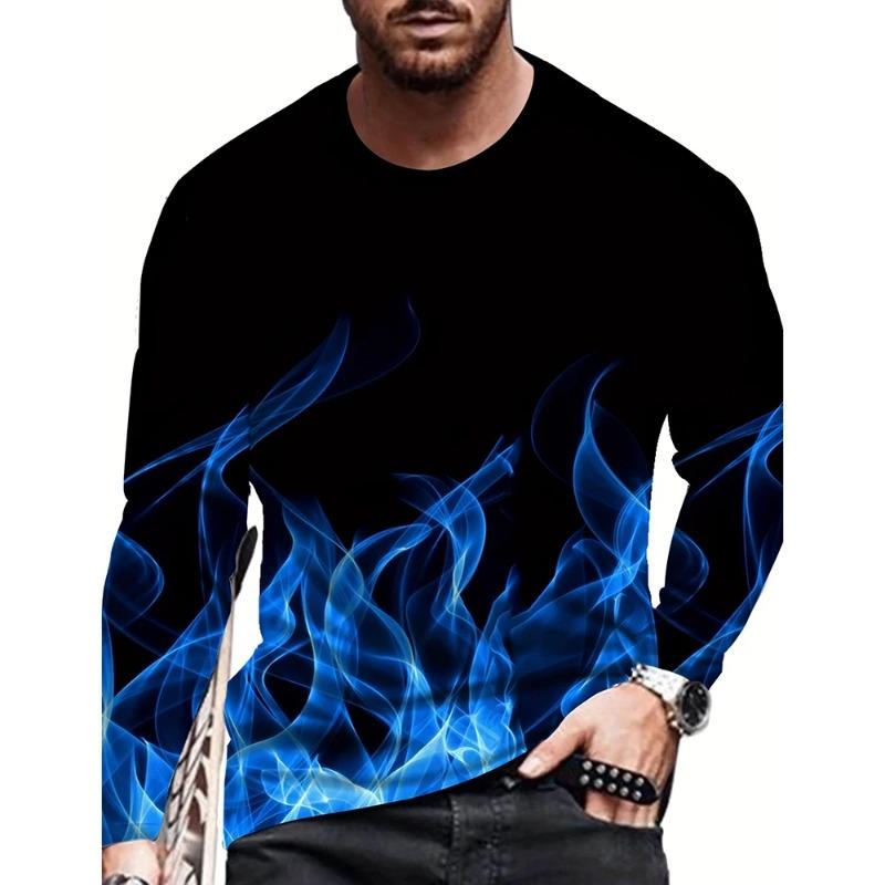Fall 3D Flame Printing Men's Round Neck Long Sleeve Pullover Fashion Loose T Shirt Retro Street Long Sleeve Round Neck T Shirt