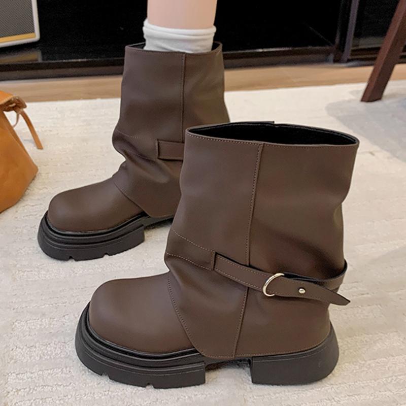 

Women Mid Calf Boots Square Toe Elegant Shoes Winter High Heels Shoes Punk Retro Woman Botas New Trend Cozy Botas De Mujer 35