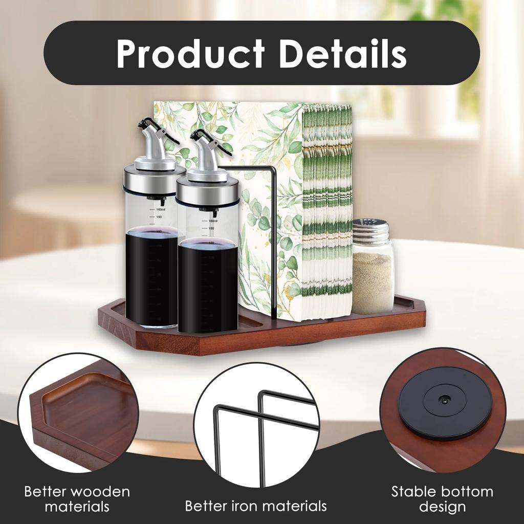 Napkin Holder Metal and Wood Standing Napkin Dispenser with 360° Rotating Storage Base Kitchen Organizer for Counter Decoration