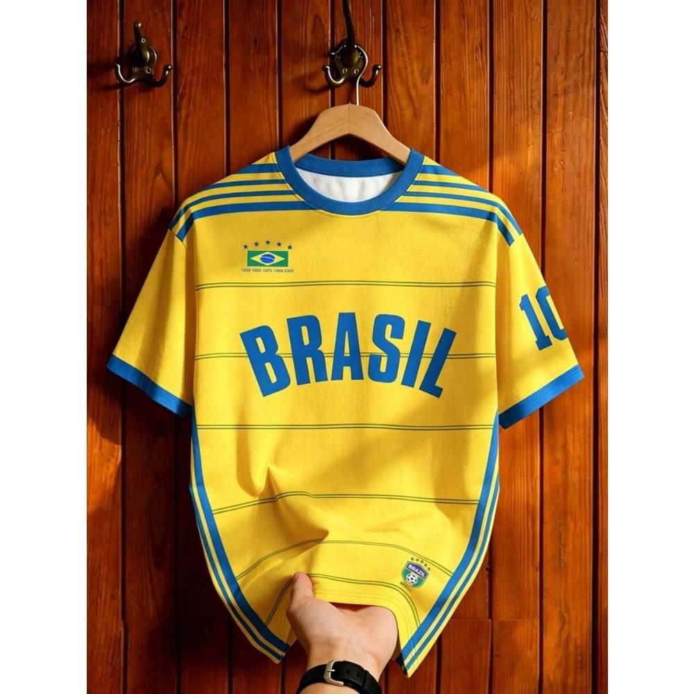 Brasile Rio De Janeiro Maglietta da Calcio Gialla Verde Stampa Classica Brasile Leggera Comoda Casual Streetwear Regalo per i Fan