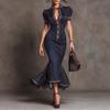 Women Striped Fishtail Maxi Dress V Neck Button Detail Lace Insert Puff Sleeve Bodycon Evening Dress