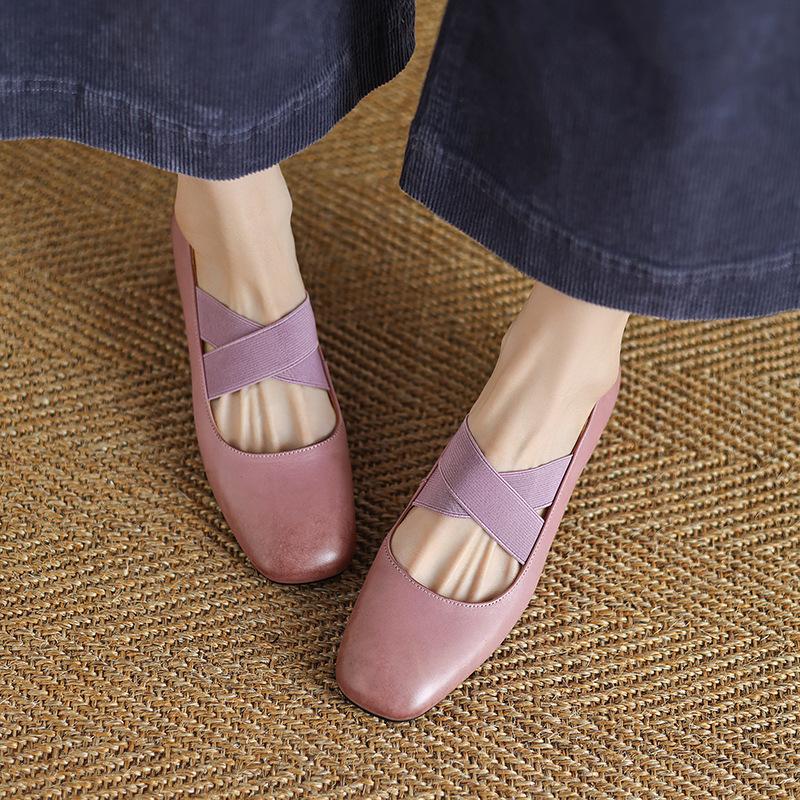 Spring and Summer 2025 New Retro French Square Head Cross Strap Elastic Ballet Low Heel Mary Jane Single Shoes Women