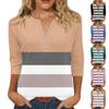 T-shirt imprimé boutonné à manches 3/4 pour femme - Haut basique à col en V - Mode quotidienne - Week-end