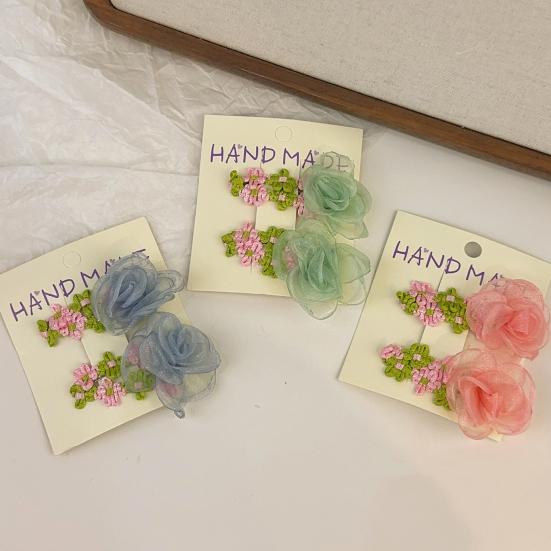 Hairpin Organza Flower Hair Clip with Hand-Crocheted Petals Leaves Sweet Style Bang Hair Pin Hair Accessories