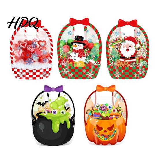 Candy Bag Set 2/4/6Pcs Clear Gift for Halloween Christmas Goodie Treat Bags Transparent Window Pouches with Handle Resealable Sealed Pouch