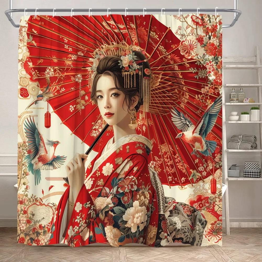 Azjatka Zasłona Prysznicowa Japońskie Kimono Kwiat Wiśni Krajobraz Malarstwo Tuszem Sztuka Poliester Tkanina Dekoracja Łazienki Zestaw Zasłon