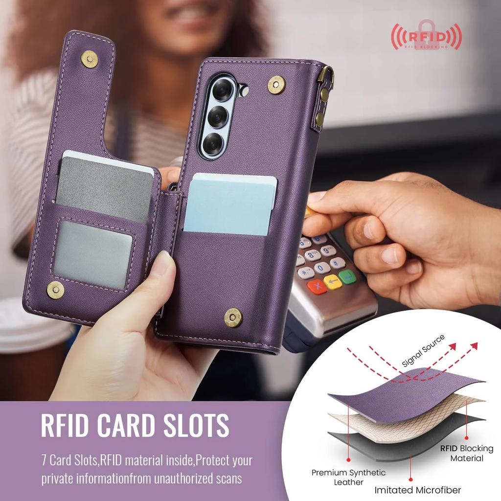 Custodia per Samsung Galaxy Z Fold 6 con Slot Portapenna, Custodia Portafoglio Blocco RFID per Galaxy Z Fold 6 con Cinturino da Polso