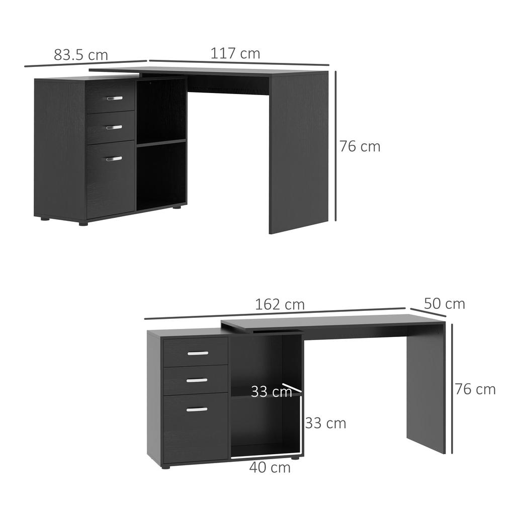 Corner PC Desk with 2 Drawers and Open Shelves, L-Shaped Corner Desk In Wood and Metal, 117x83.5x76 Cm, Black