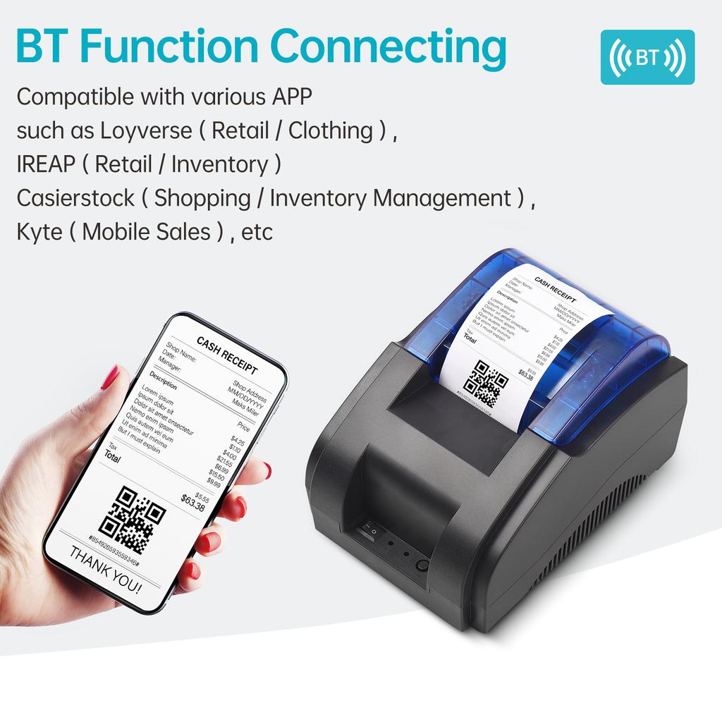 BISOFICE 58MM Desktop Receipt Printer USB+BT 203DPI Direct Thermal Printing Compatible with