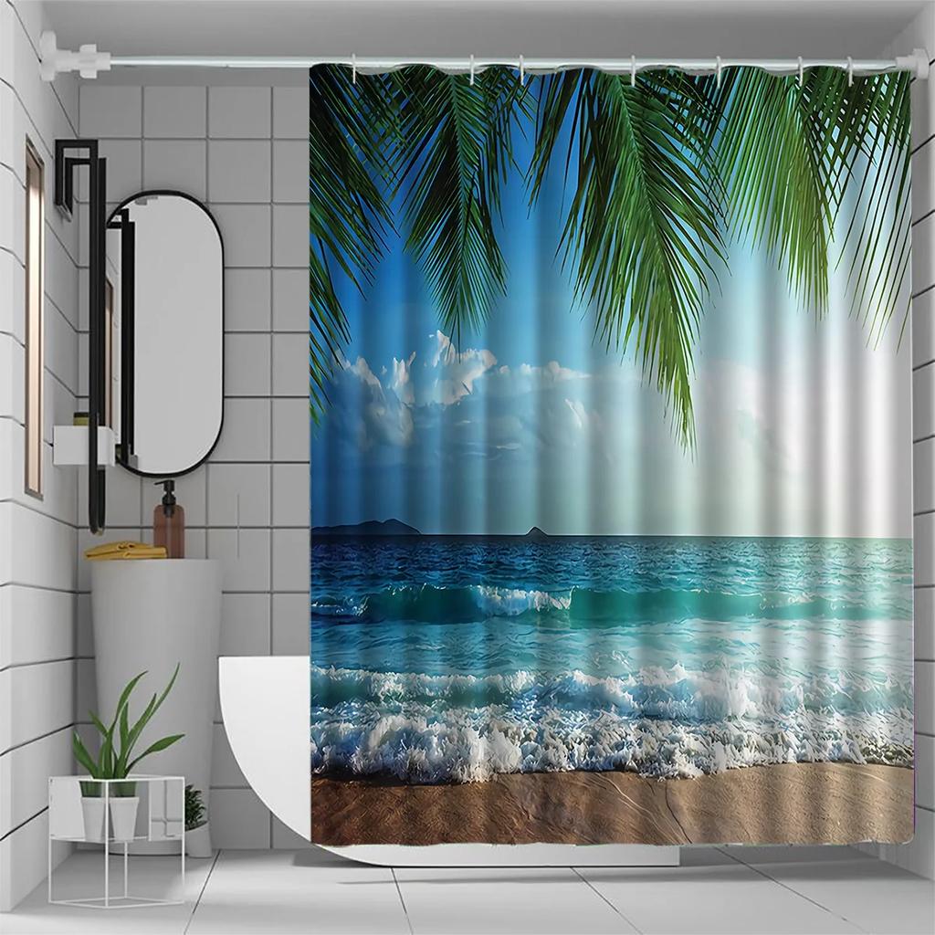Jit1Pc Seaside Scenery Shower Curtain, High-End Elegant Bathroom Decoration Pattern