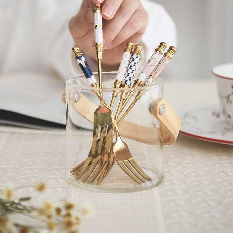 Stainless Steel Gold Cake Fork Dessert Forks Fruit Fork Ceramic Long Handle Used For Pastry in Party Snail Forks Restaurant
