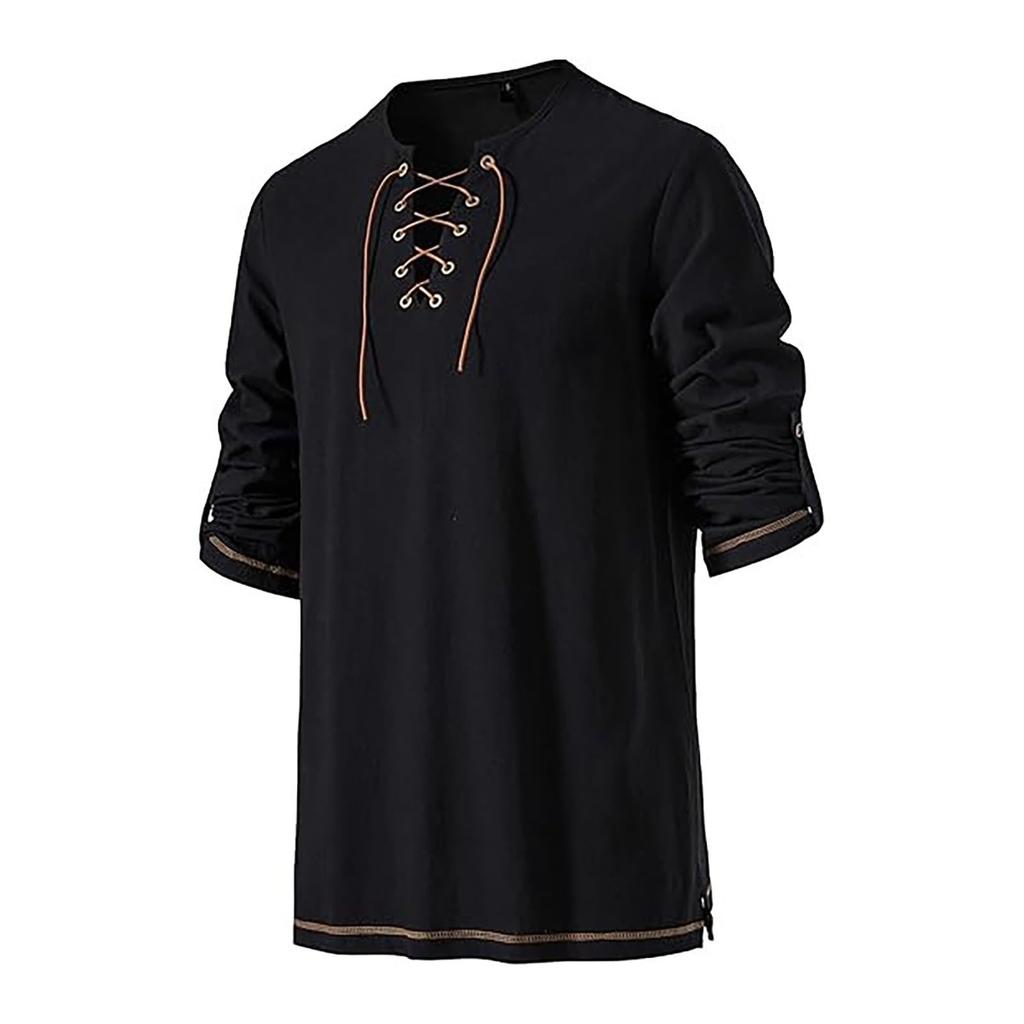 Men's Casual And Fashionable Cotton And Linen Solid Color Round-neck Long-sleeved