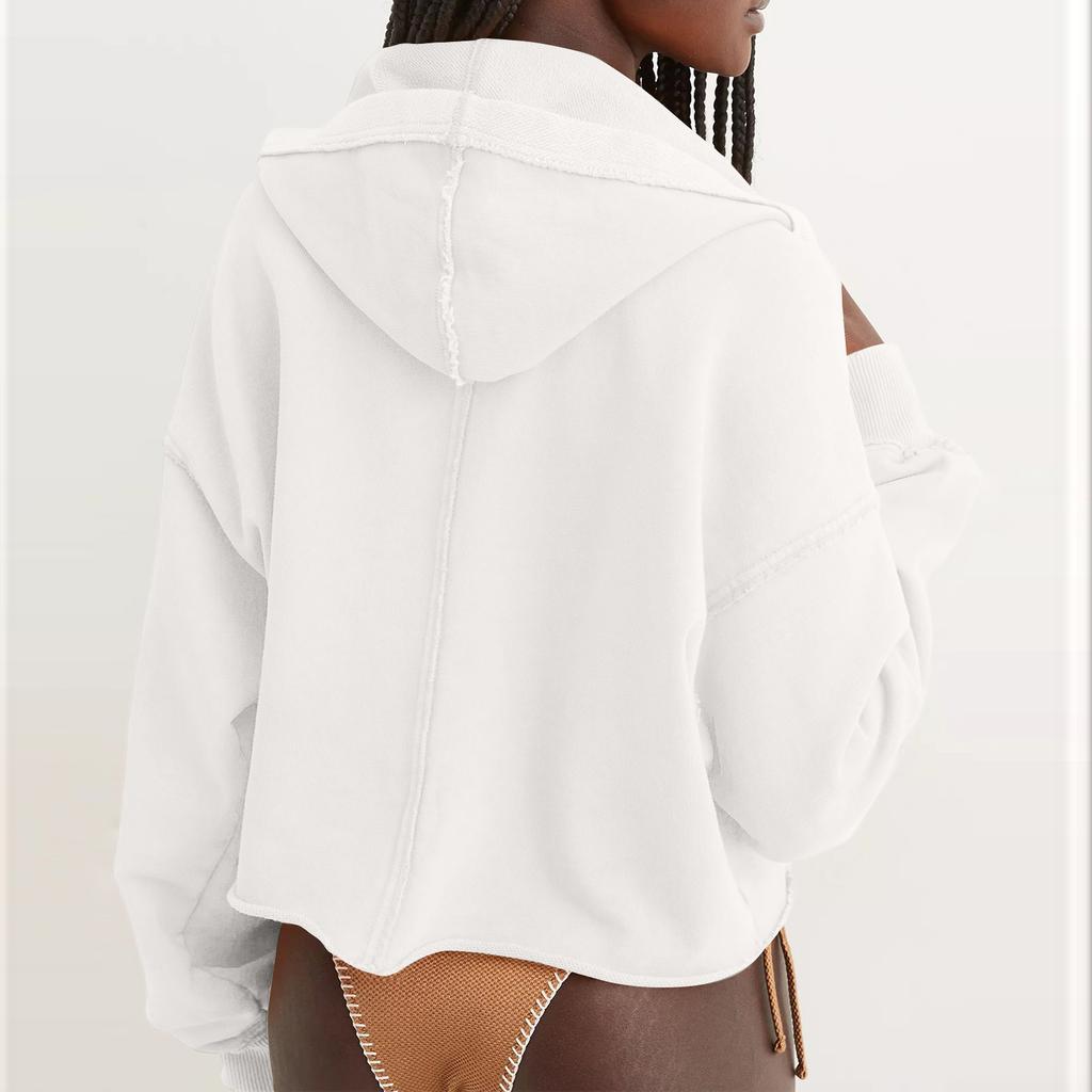 Women's Solid Color Loose Hooded Sweatshirt V-neck Top Pullover Long Sleeved Shirt