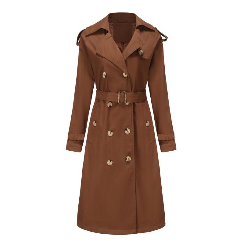 Womens Long Cotton Trench Coat With Waist Cinching Fit Classic Notched Collar Office Chic Outerwear