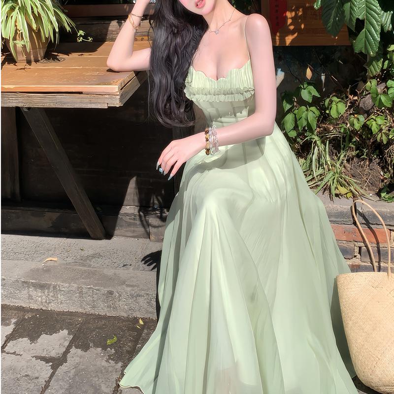 2025 Spring Slim Waist Long French Suspender Mesh Dress