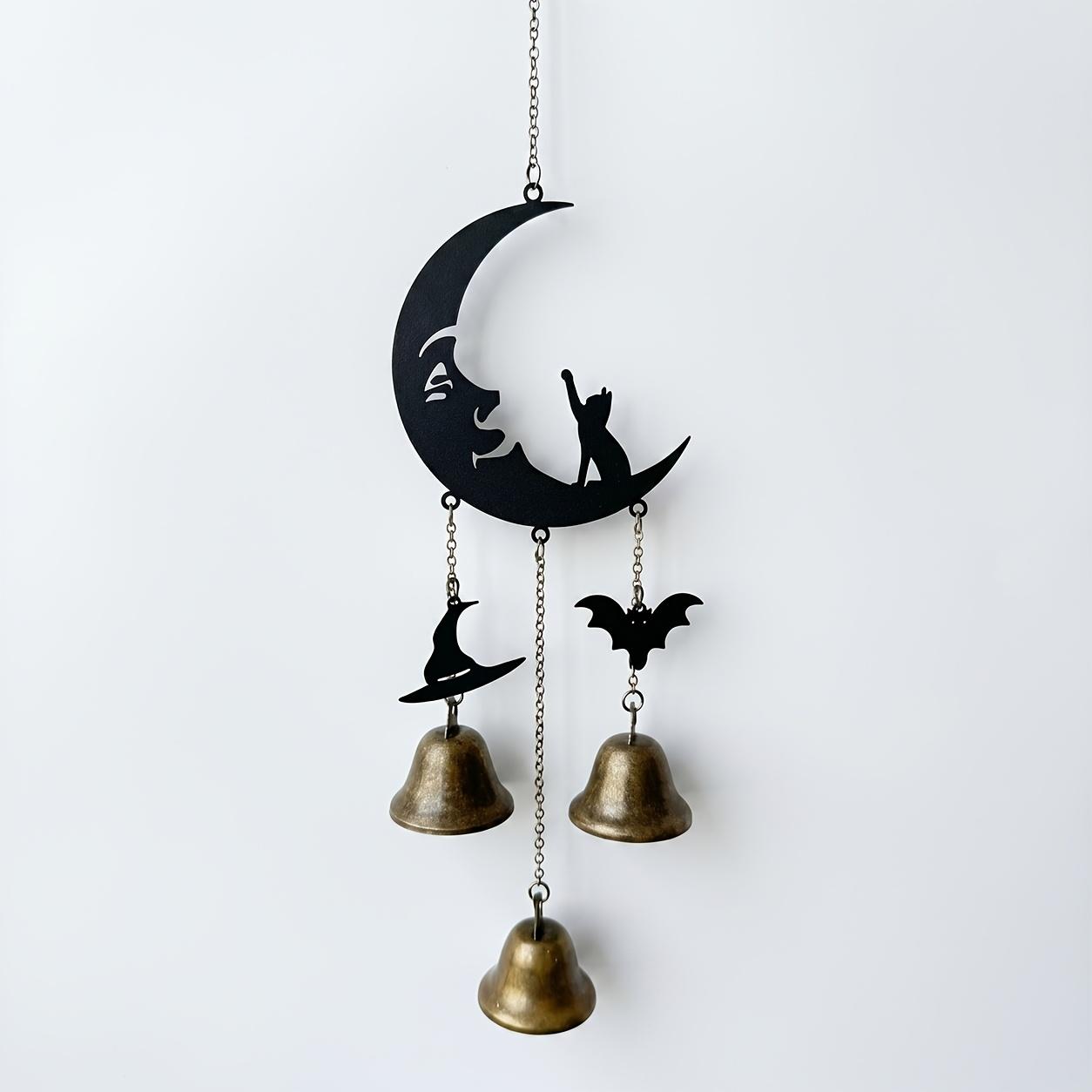 1Pc Dark Gothic Moon Cat Shaped Metal Wind Chime Halloween Theme Bat Witch Hat Decorative Hanging Ornament Vintage Copper Bell Outdoor Courtyard Black Moon Cat Bell